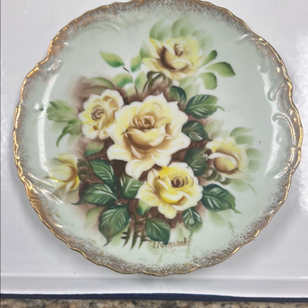 Ucagco Plate Yellow Rose Floral Decorative Plate with Gold Trim